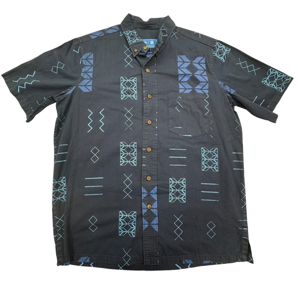 Sig Zane Hawaiian Shirt Mens Small Blue Black Aloha Button Tribal Short Sleeve